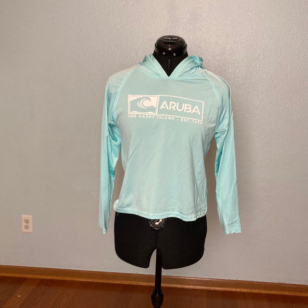 XL Momentum Aruba Happy Island blue teal aqua long sleeve hood shirt